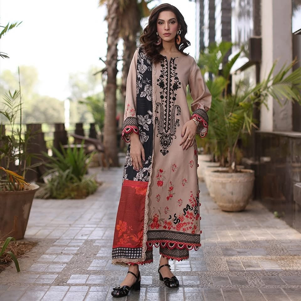 3-PC UNSTITCHED EMBROIDERED LEATHER WITH PRINTED WOOL SHAWL PS4-10