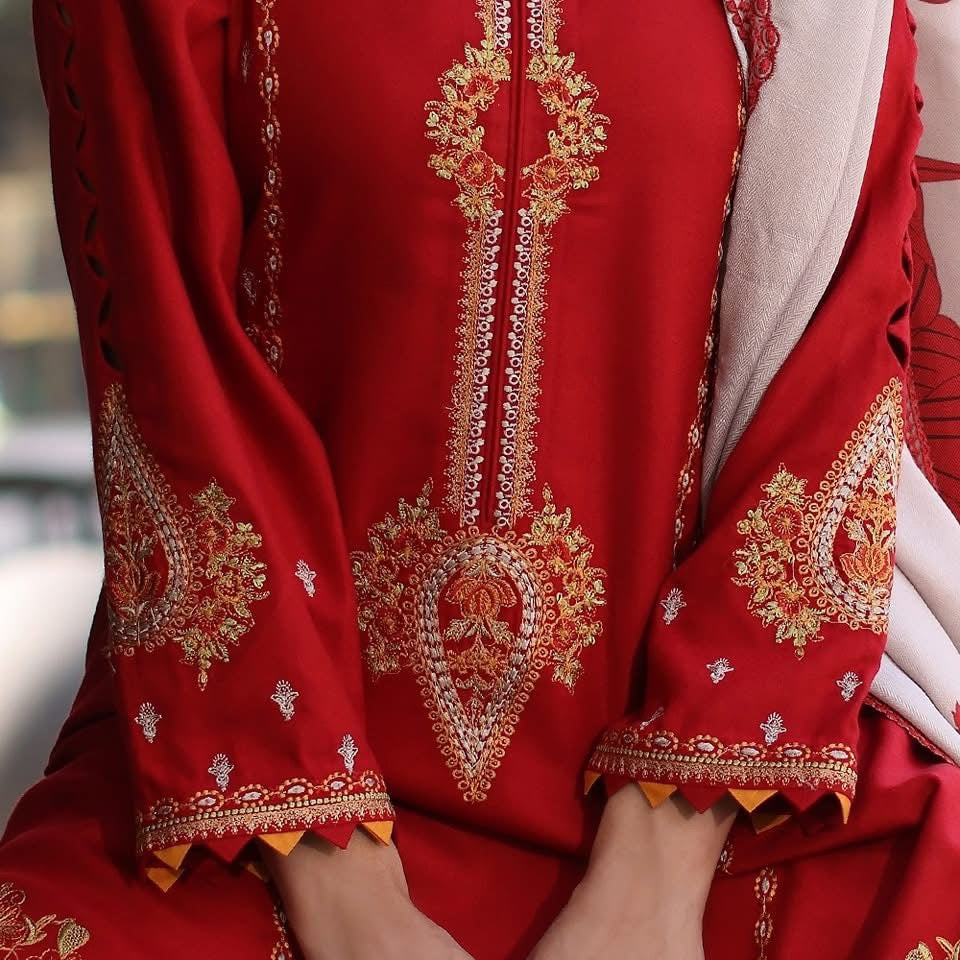 3-PC UNSTITCHED EMBROIDERED LEATHER WITH PRINTED WOOL SHAWL PS4-13
