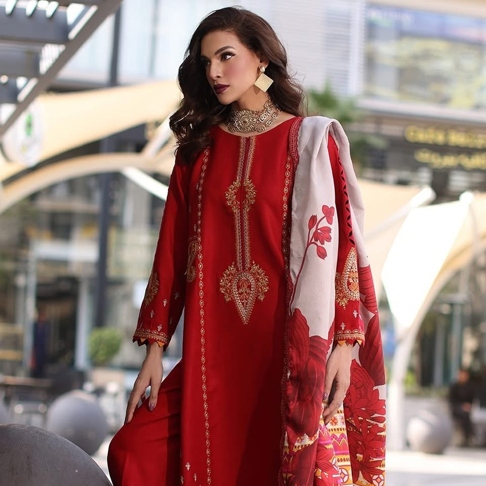 3-PC UNSTITCHED EMBROIDERED LEATHER WITH PRINTED WOOL SHAWL PS4-13