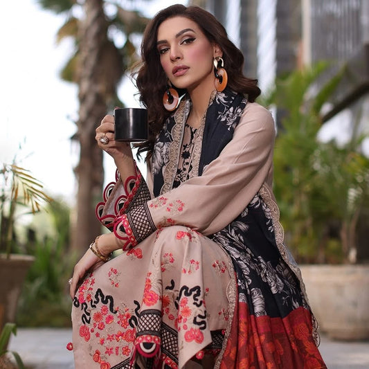 3-PC UNSTITCHED EMBROIDERED LEATHER WITH PRINTED WOOL SHAWL PS4-10